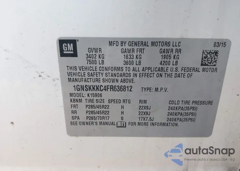 2015 Chevrolet Suburban 1500 Ltz z USA, uszkodzony, nr VIN 1GNSKKKC4FR636812